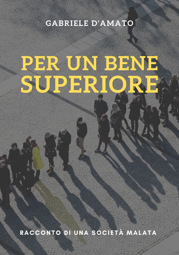 Una ventina di persone in fila con ombre in primo piano e il titolo del racconto in giallo